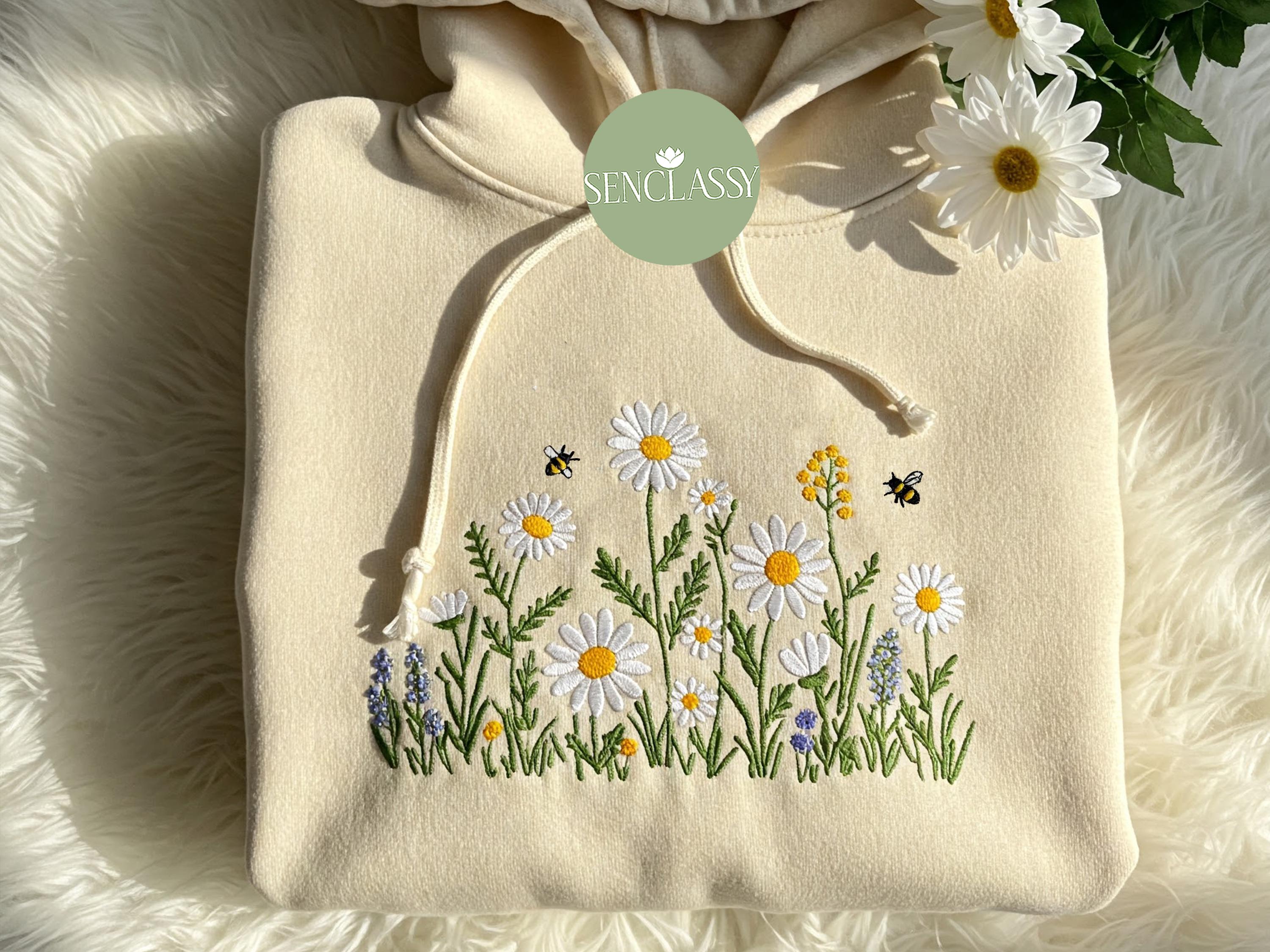 Boho Daisy Flower and Bees Embroidered Sweatshirt, Daisy Wildflower Lovers, Daisy Summer Shirt for Women, Floral Mom Gifts, Gardener Shirt Boho Daisy Flower and Bees Embroidered Sweatshirt, Daisy Wildflower Lovers, Daisy Summer Shirt for Women, Floral Mom Gifts, Gardener Shirt